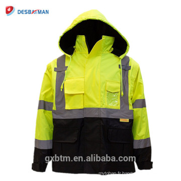 Gilet de travail de haute visibilité de construction d&#39;hiver Veste réfléchissante de sécurité de haute visibilité de jaune de catégorie 3 d&#39;Ansi